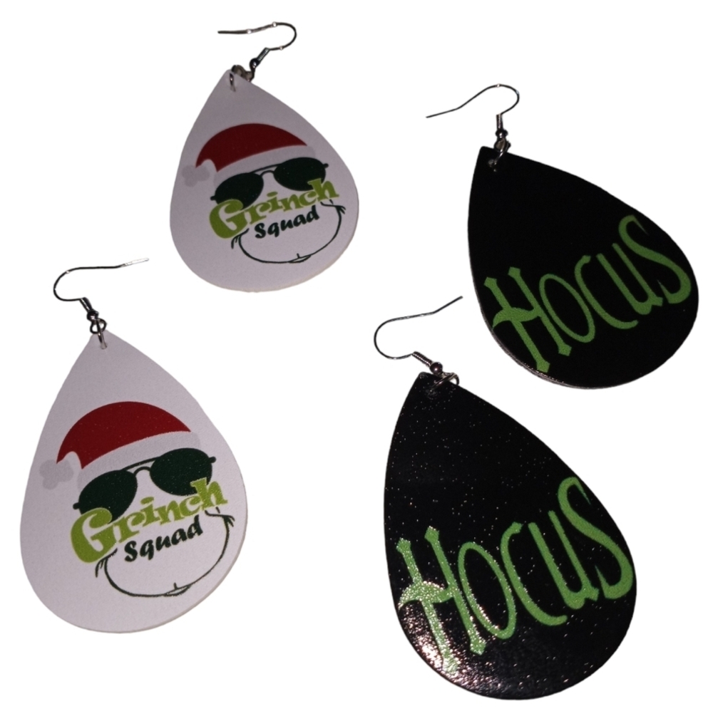 Faux leather grinch teardrop earrings